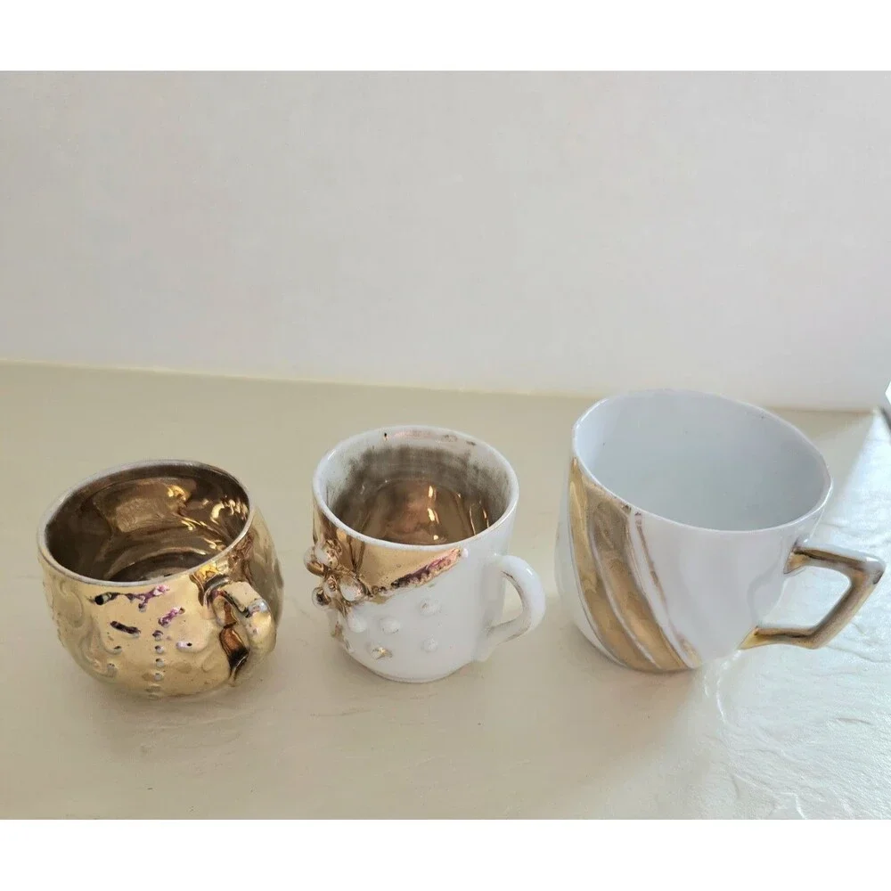 3 Miniature Tea Cups With Gold Details